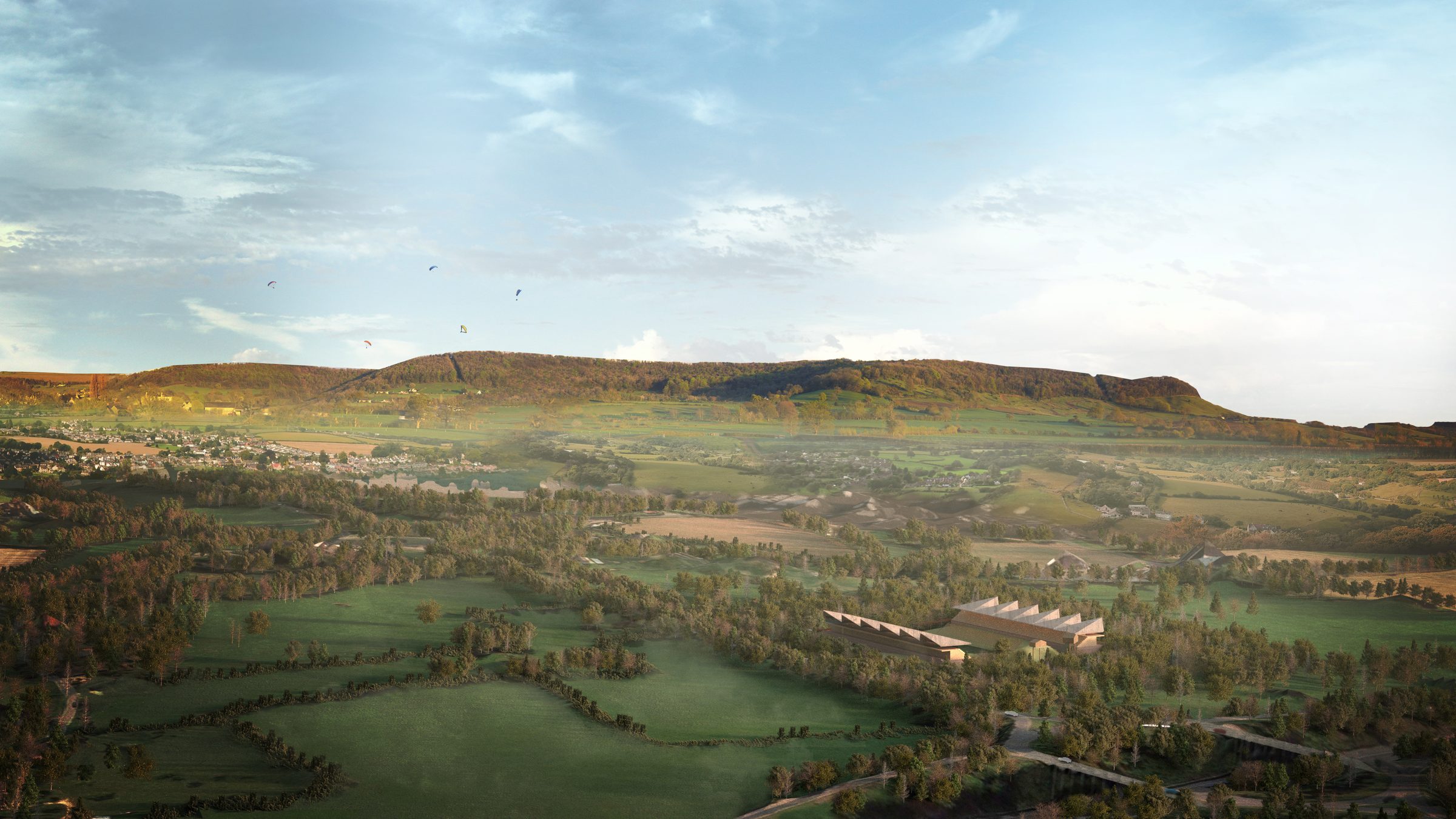 Forest Green Rovers Stadium visual, the stadium set within woodland in the Vale with the Cotswold escarpment beyond